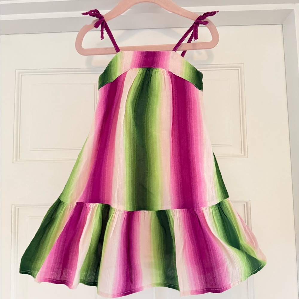 Janie and Jack Pink and Green Stripe Tie-Shoulder Cotton Sundress Size 12-18M